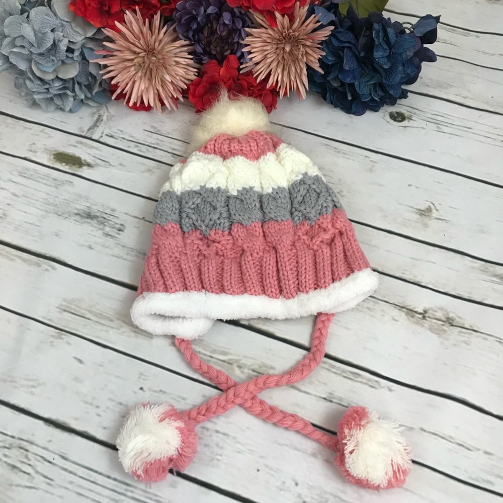 Gray, Pink & White Fleece Lined Beanie with Pom Poms - Picture 9 of 15